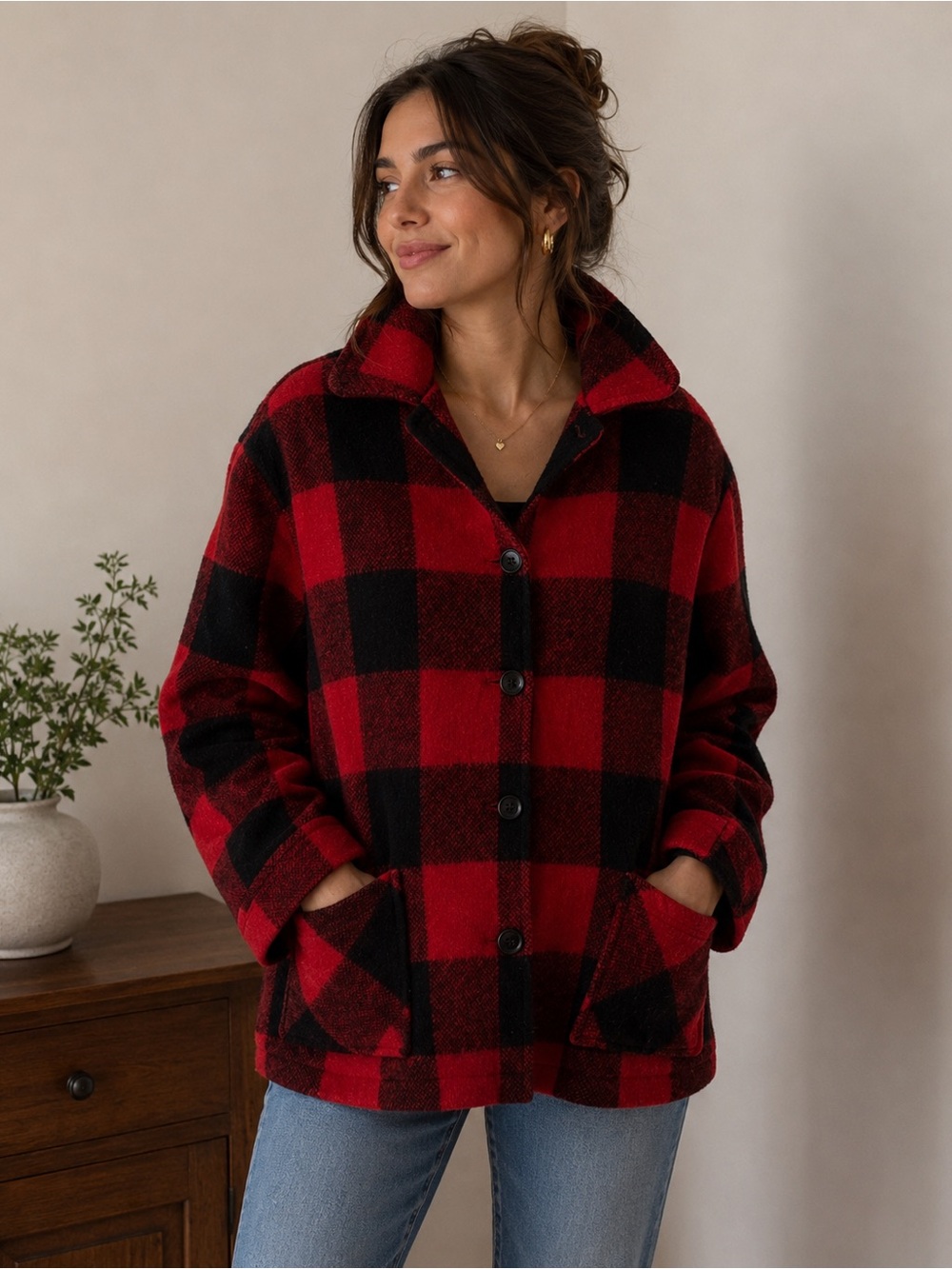 Bemidji Woolen Mills Minnesota sz M Red Black Plaid Jacket 22” p2p 24.5” L